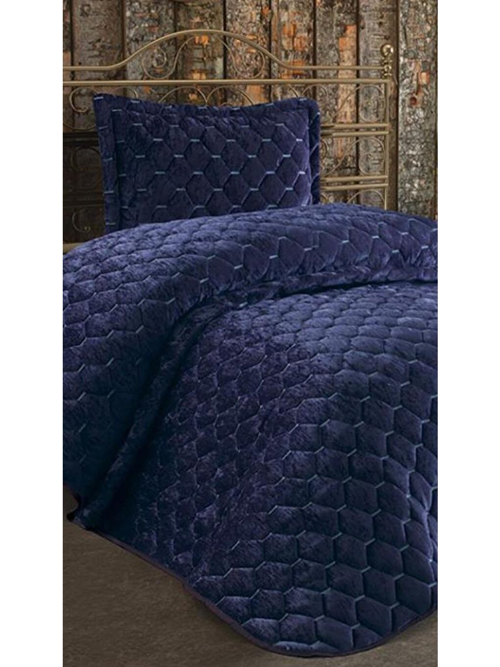Karışık Lima Kadife Dolgulu Tek Kişilik Yatak Örtüsü Lacivert