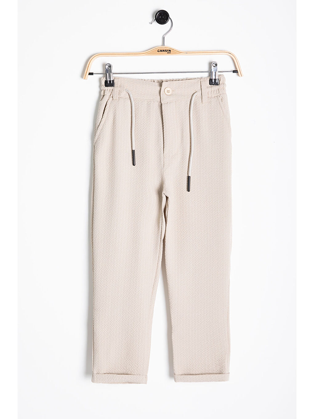 Ekru Krem Erkek Çocuk Çizgili Duble Paça Gofre Kumaş Pantolon 21053