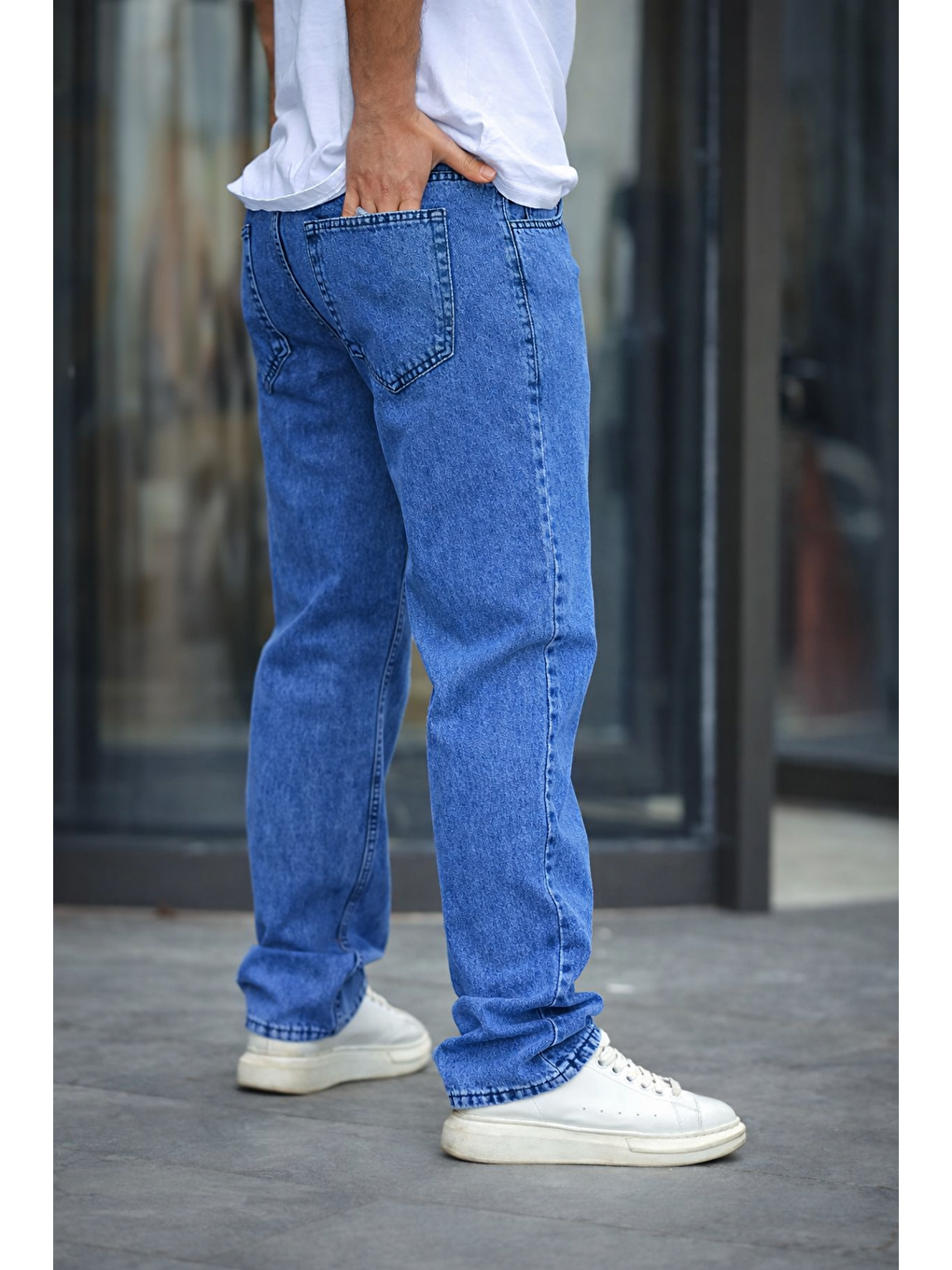 Mavi Erkek Baggy Rahat Kalıp Bel Lastikli Pantolon-3