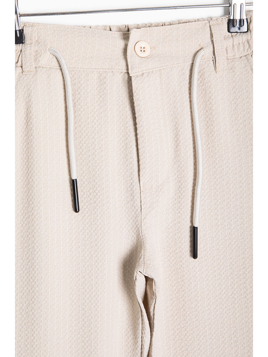 Ekru Krem Erkek Çocuk Çizgili Duble Paça Gofre Kumaş Pantolon 21053-1