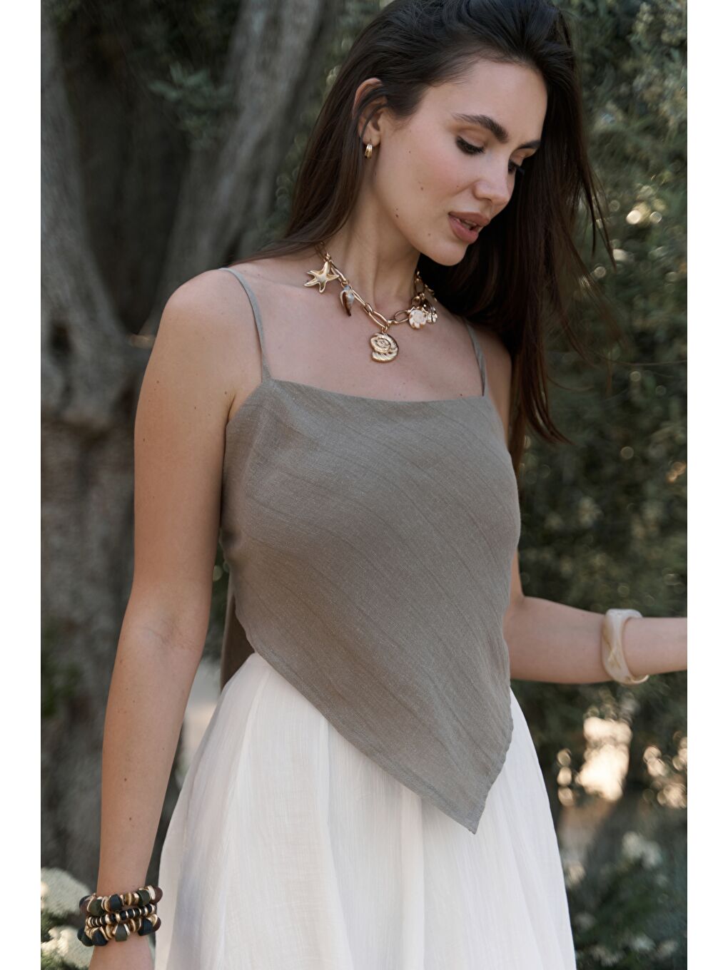 Kita Üçgen Detay Çizgili Haki Keten Crop-1