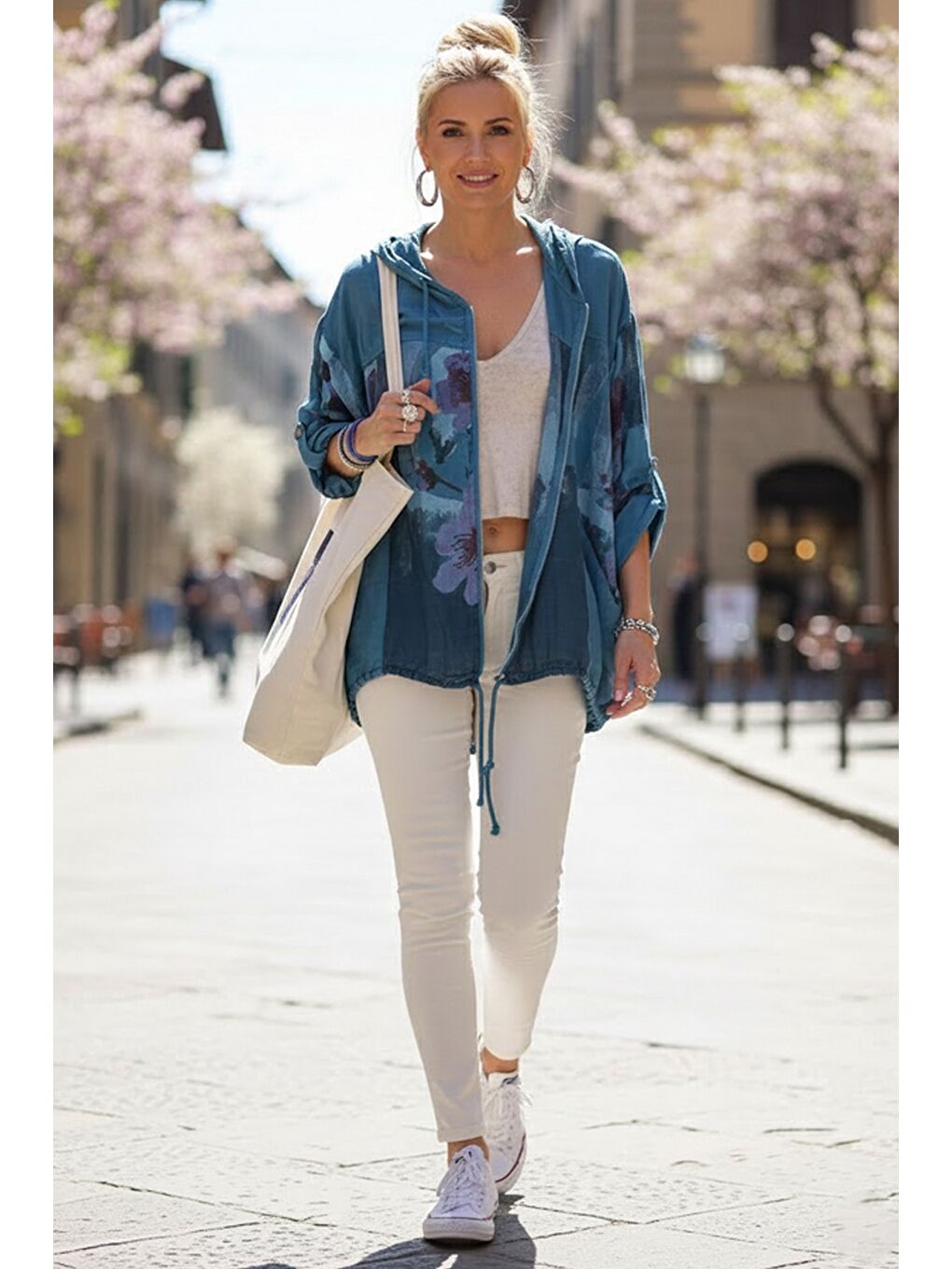 İtalyan İndigo Kapüşonlu 3/4 Kol Fermuarlı Cepli Casual Keten Görünümlü Dokuma Ceket 68 65-2