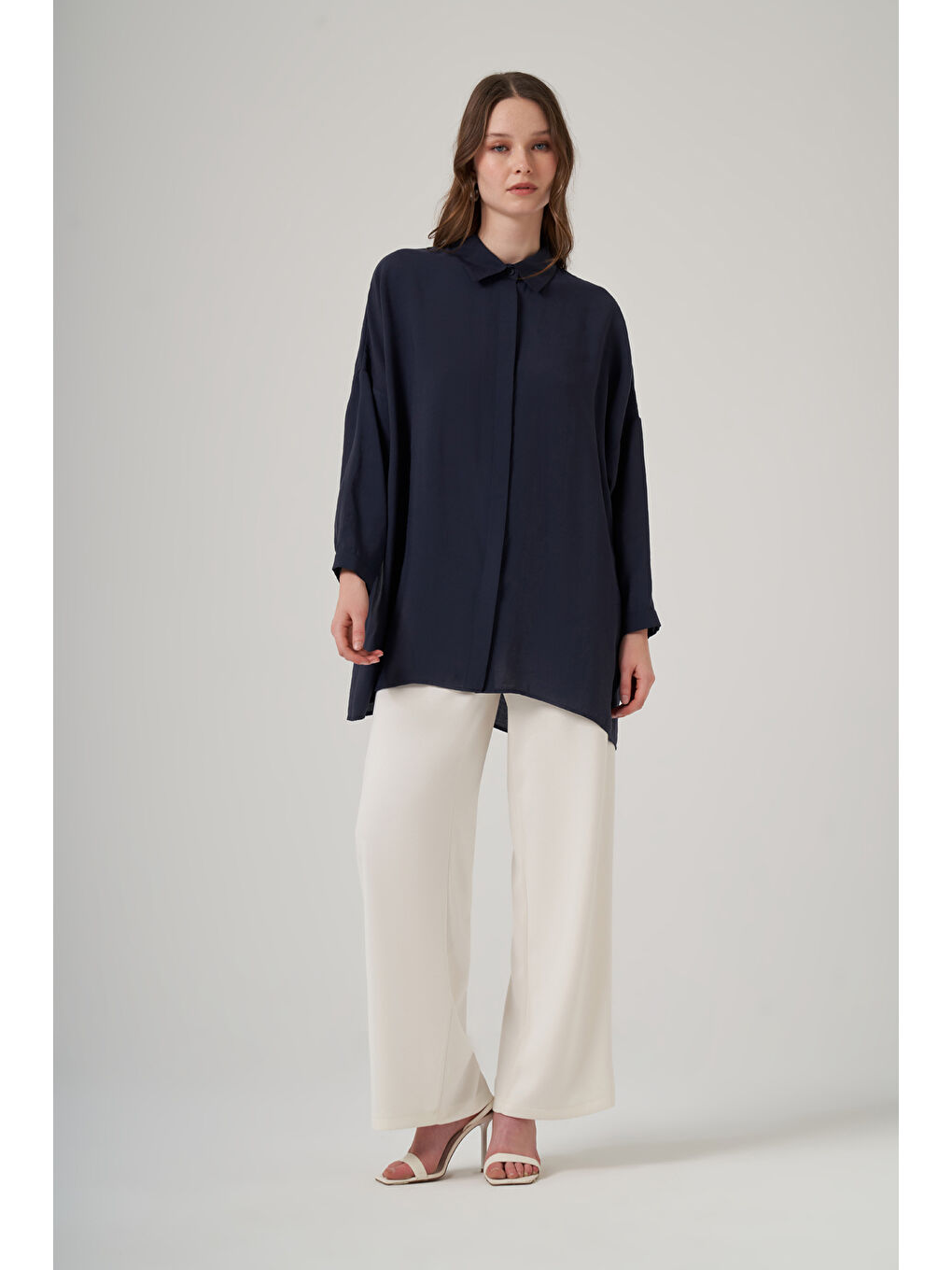 Oversize Basic Yazlık Gömlek 3001 Navy Lacivert-3
