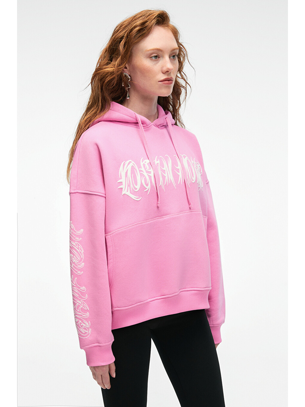 Alırayne Kadın Baskılı Oversize Kapüşonlu Kanguru Cep Pembe Sweatshirt-1