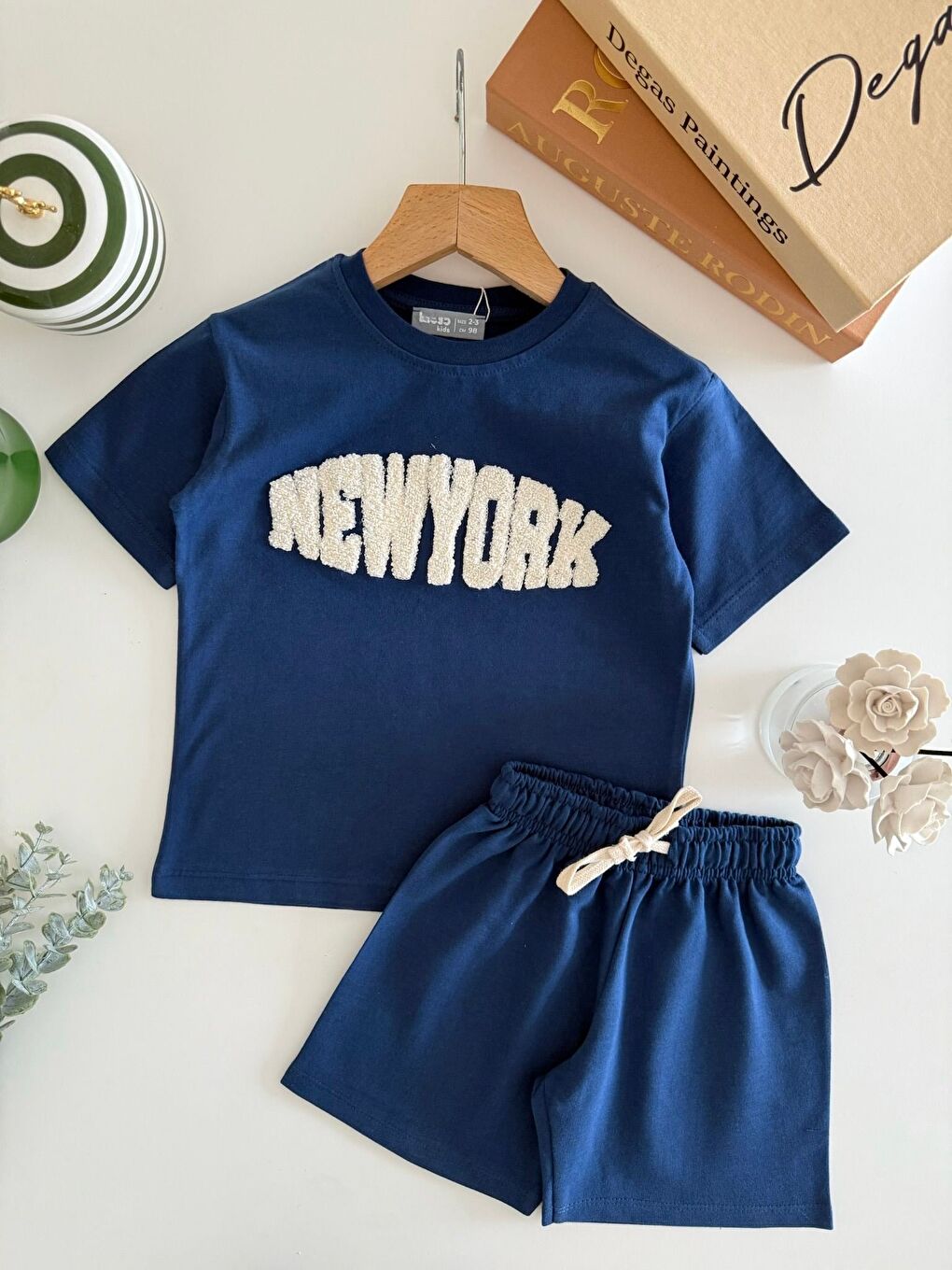 Erkek Çocuk Pamuklu Mavi New York Yazı Aplikeli T-Shirt Şort Takım-1
