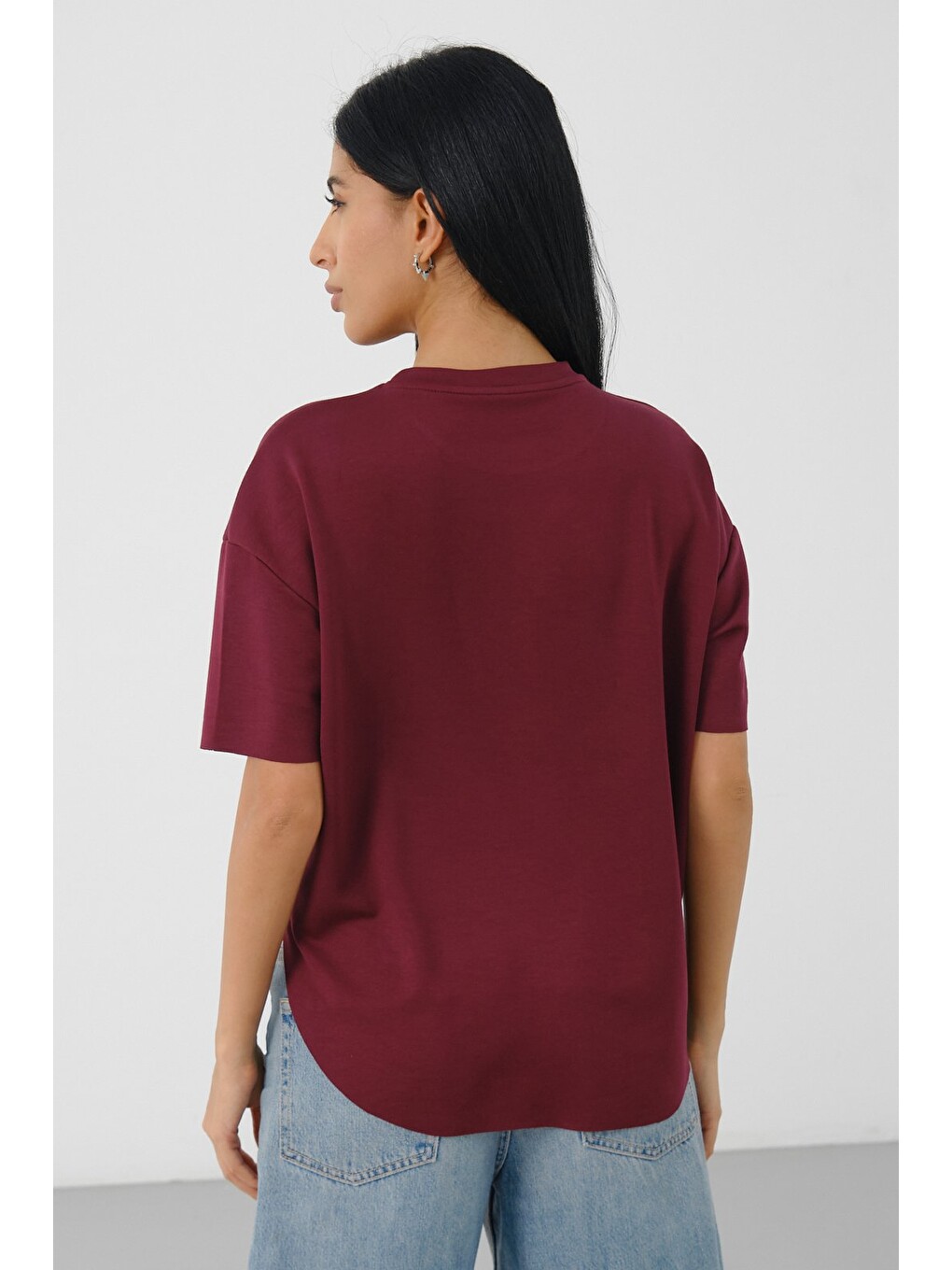 Bordo Kadın Oversize Boxy T-Shirt Bisiklet Yaka Rahat Kalıp Tişört-6