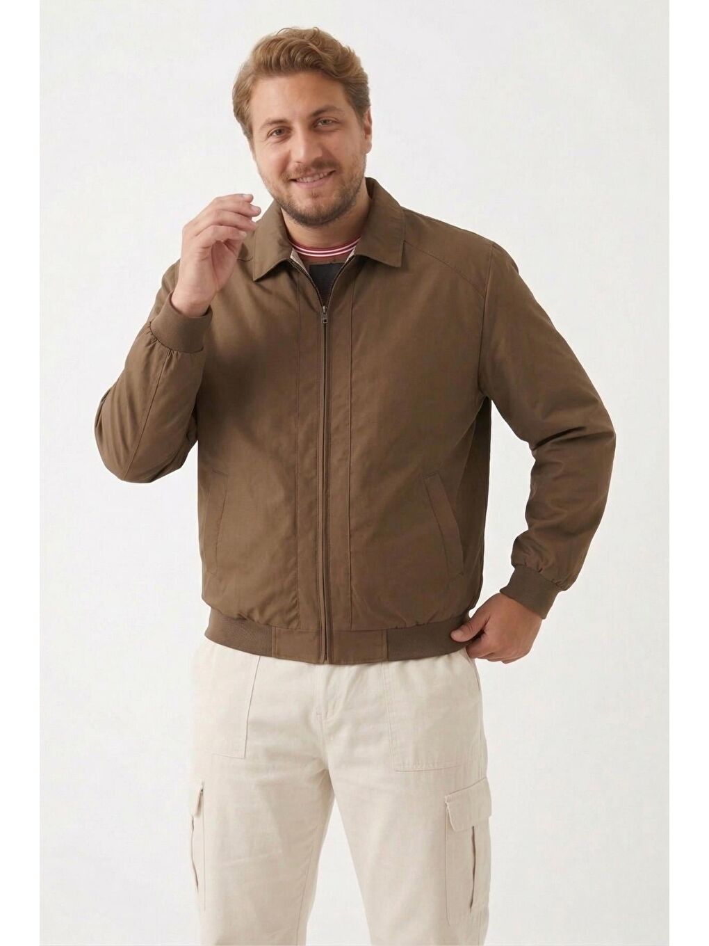 Kahverengi Erkek Dik Yaka Fermuarlı Basic Bomber Mont Ceket-1