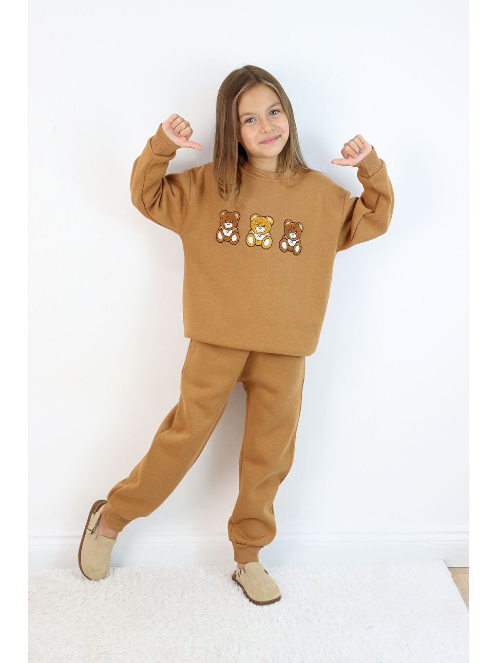 Kahverengi Kız Çocuk 3'lü Ayıcık Nakışlı 3 İplik Oversize Şardonlu Takım-6
