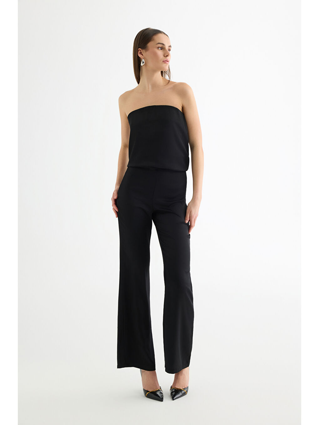 Yüksek Bel Bol Paça Saten Pantolon Siyah-3