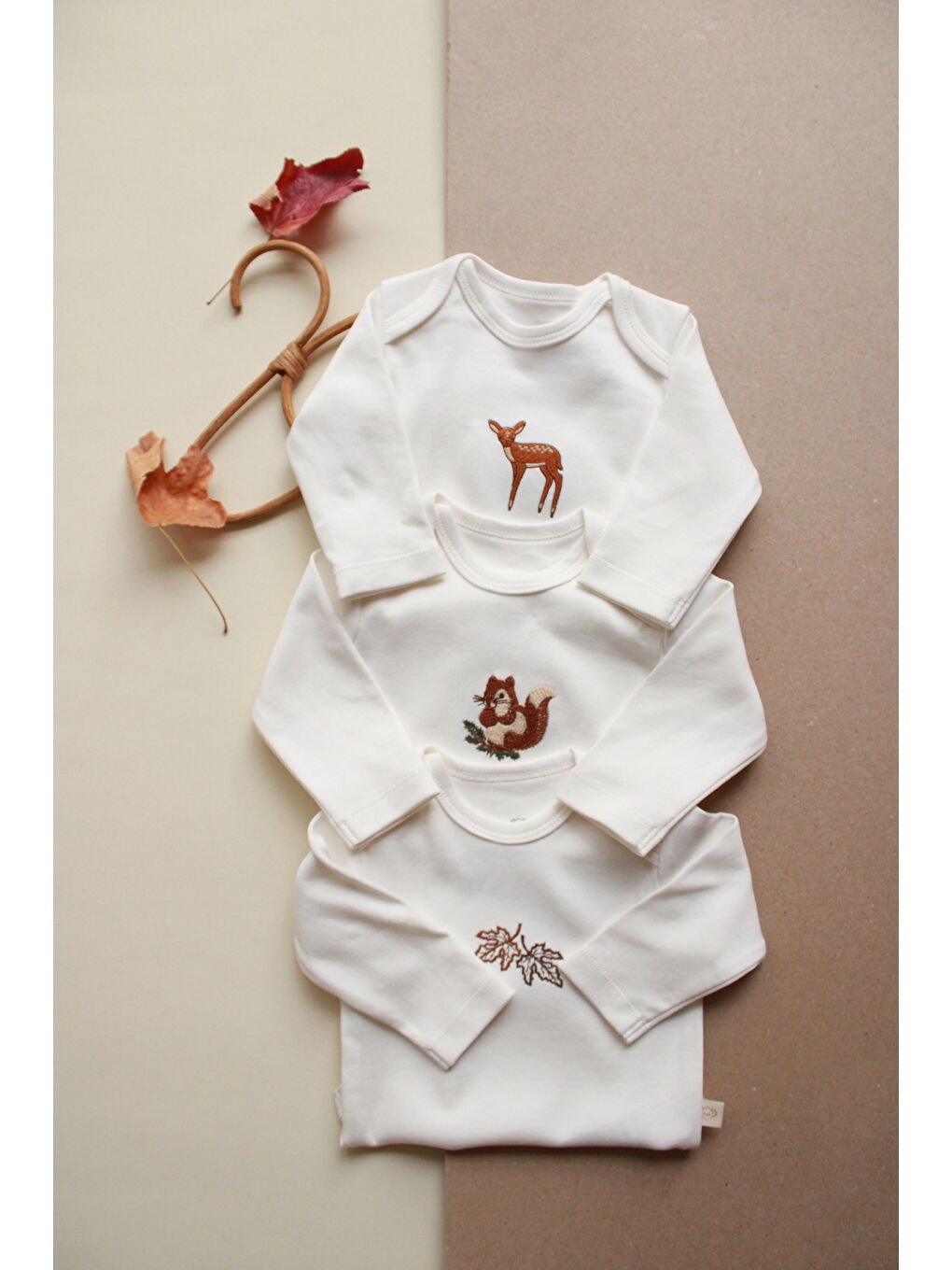 Ekru 3'lü Forest Serisi Uzun Kollu Çıt Çıtlı Body Zıbın Model 10-4