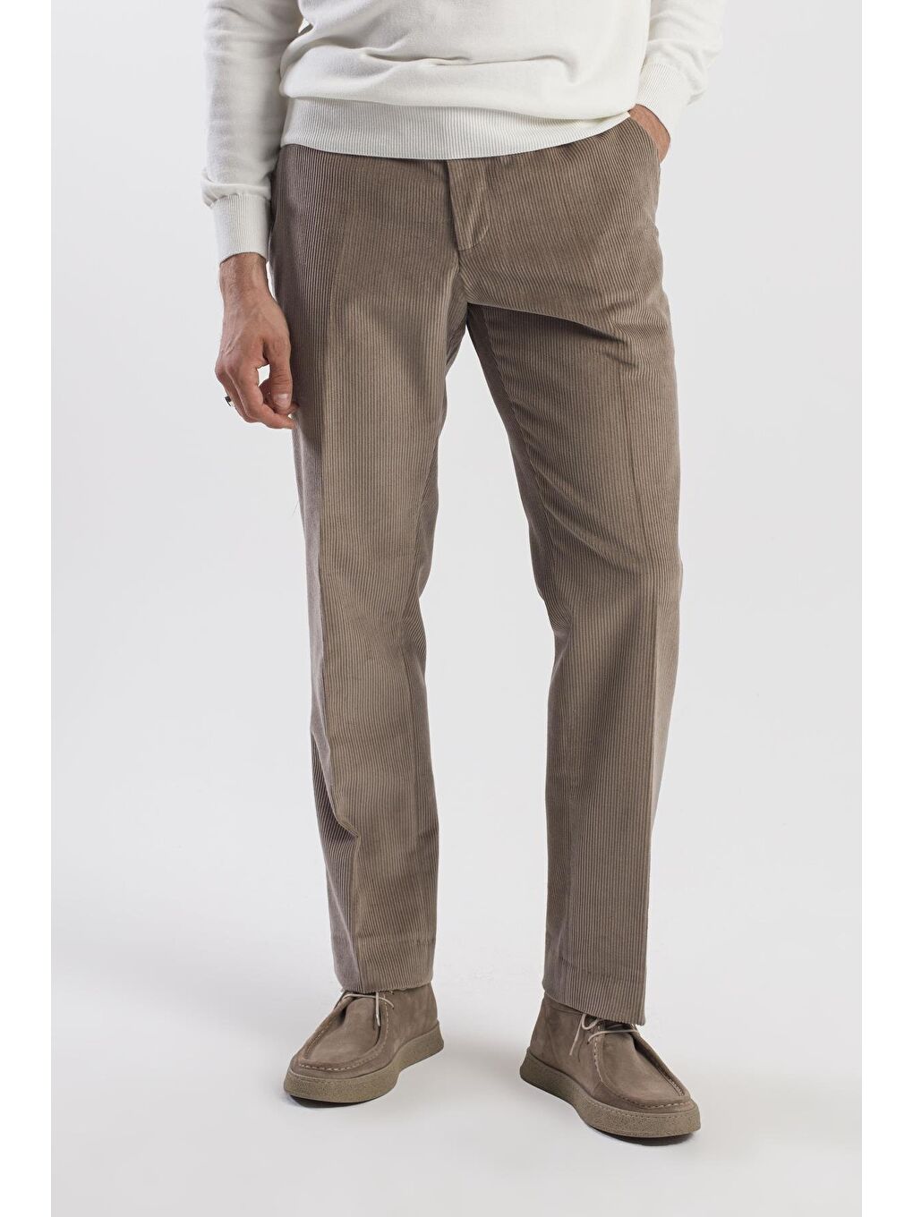 Bej Vizon Regular Fit %100 Pamuk Kadife Pantolon-1