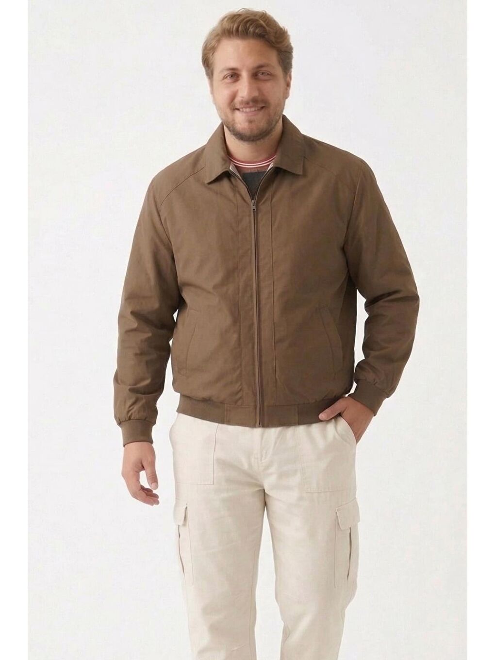 Kahverengi Erkek Dik Yaka Fermuarlı Basic Bomber Mont Ceket-2