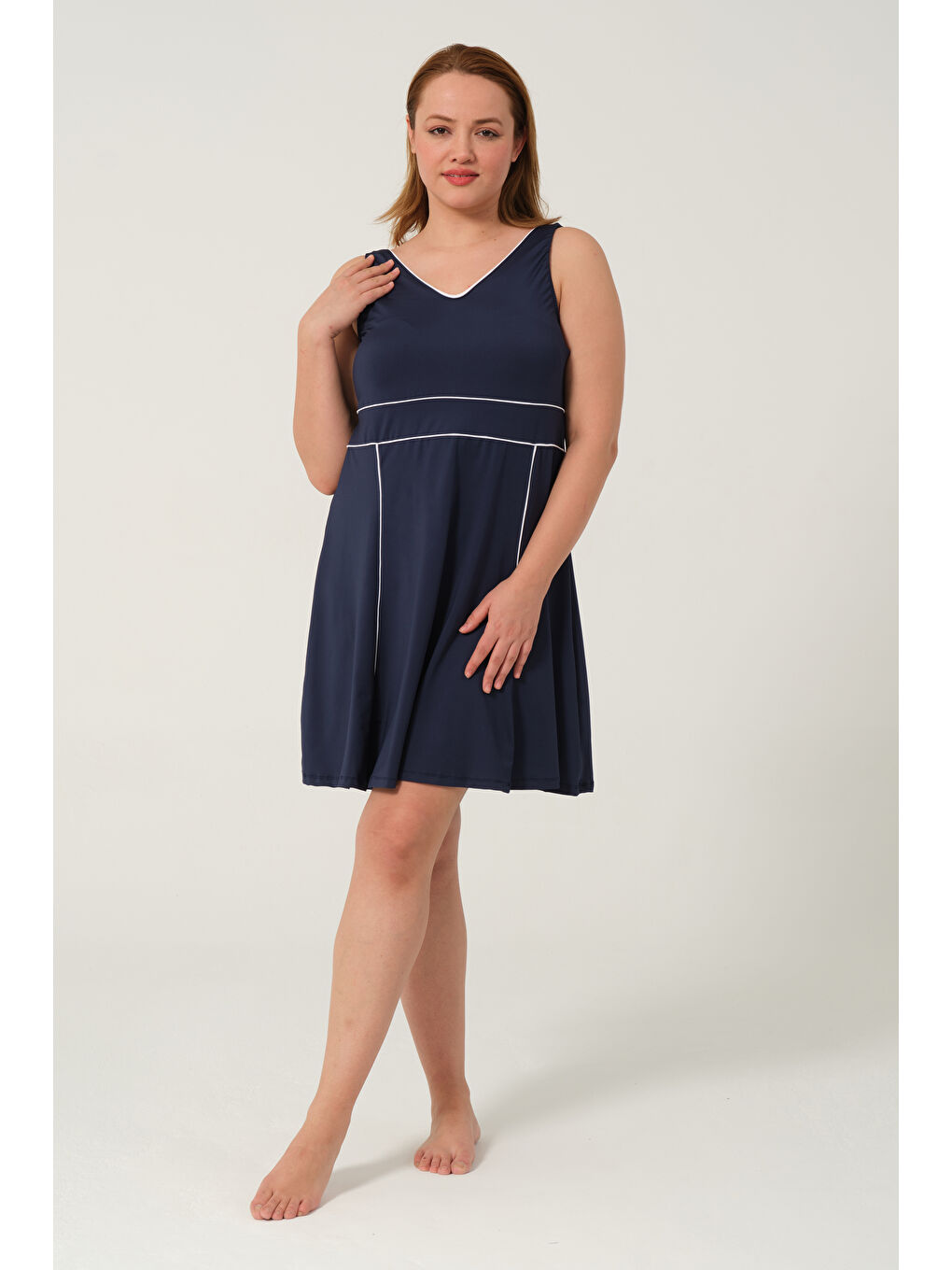 Lacivert Kadın Sıfır Kol Büyük Beden Şortlu Hızlı Kuruyan Biyeli Şortlu Elbise Mayo-9