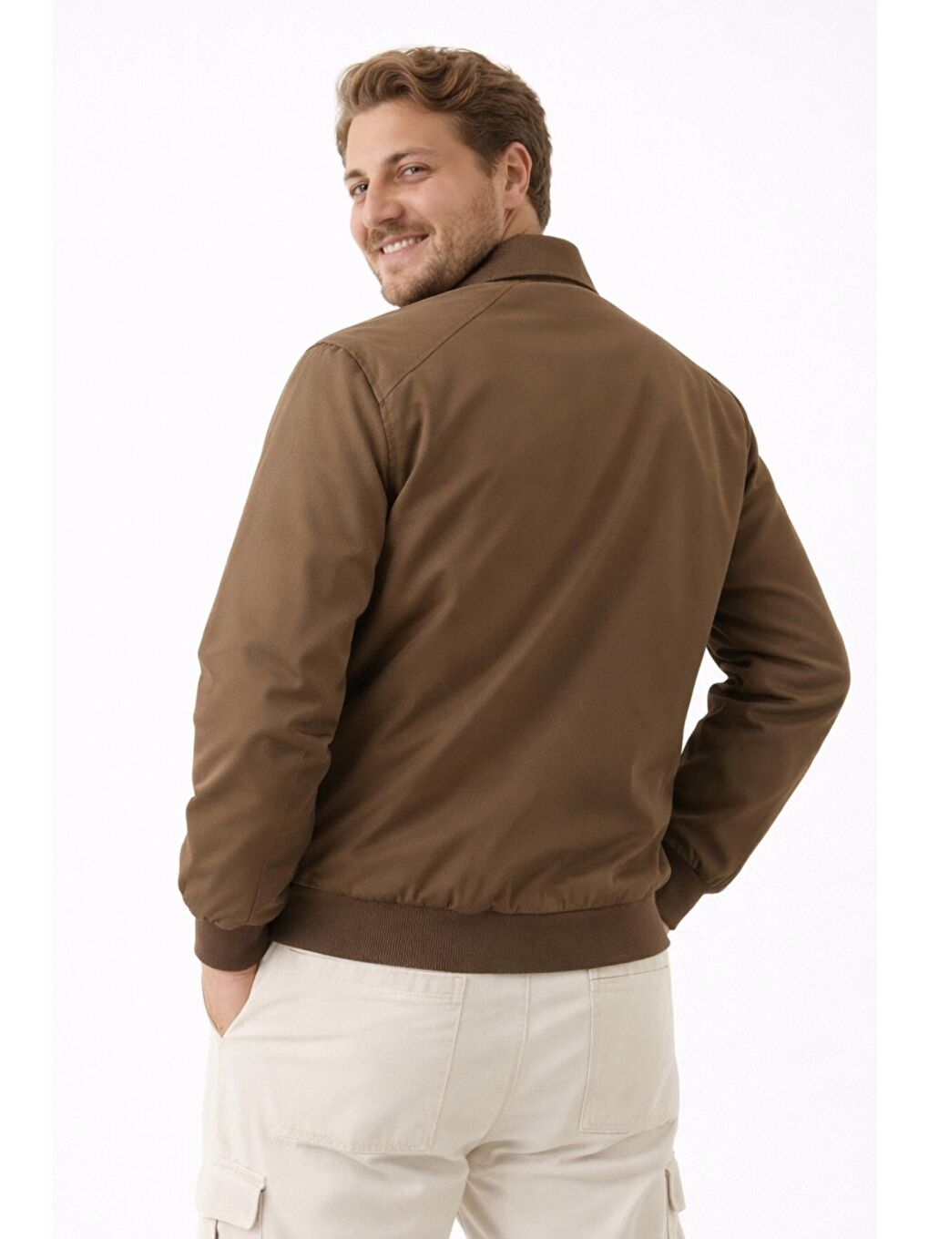 Kahverengi Erkek Dik Yaka Fermuarlı Basic Bomber Mont Ceket-3