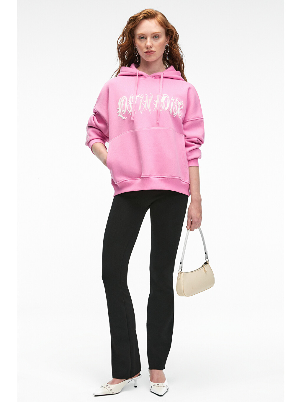 Alırayne Kadın Baskılı Oversize Kapüşonlu Kanguru Cep Pembe Sweatshirt-2
