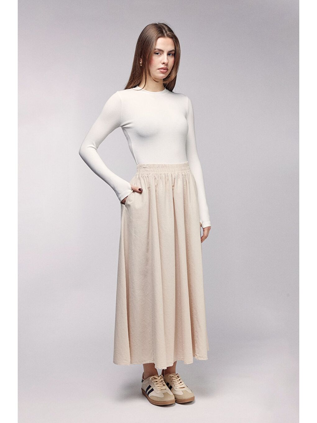 Bej Kadın A Kesim Yüksek Bel Cepli Dökümlü Kloş Etek - Dokulu Keten-2