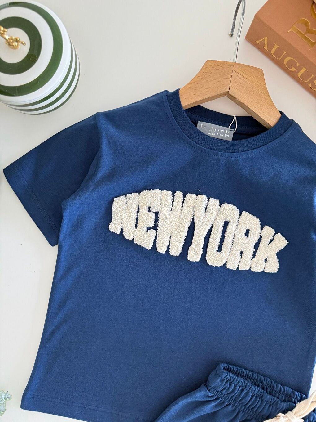 Erkek Çocuk Pamuklu Mavi New York Yazı Aplikeli T-Shirt Şort Takım-2