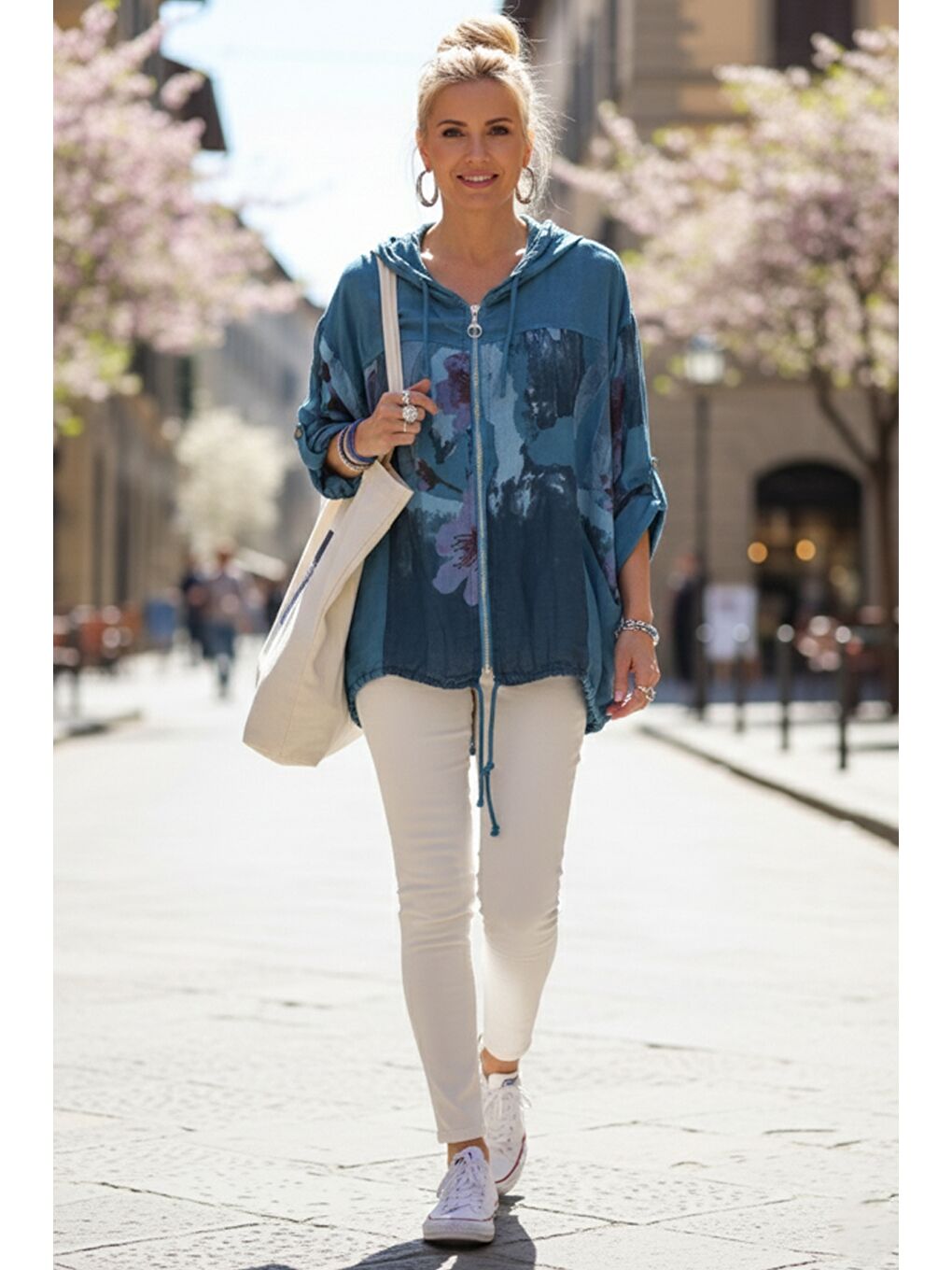 İtalyan İndigo Kapüşonlu 3/4 Kol Fermuarlı Cepli Casual Keten Görünümlü Dokuma Ceket 68 65-3