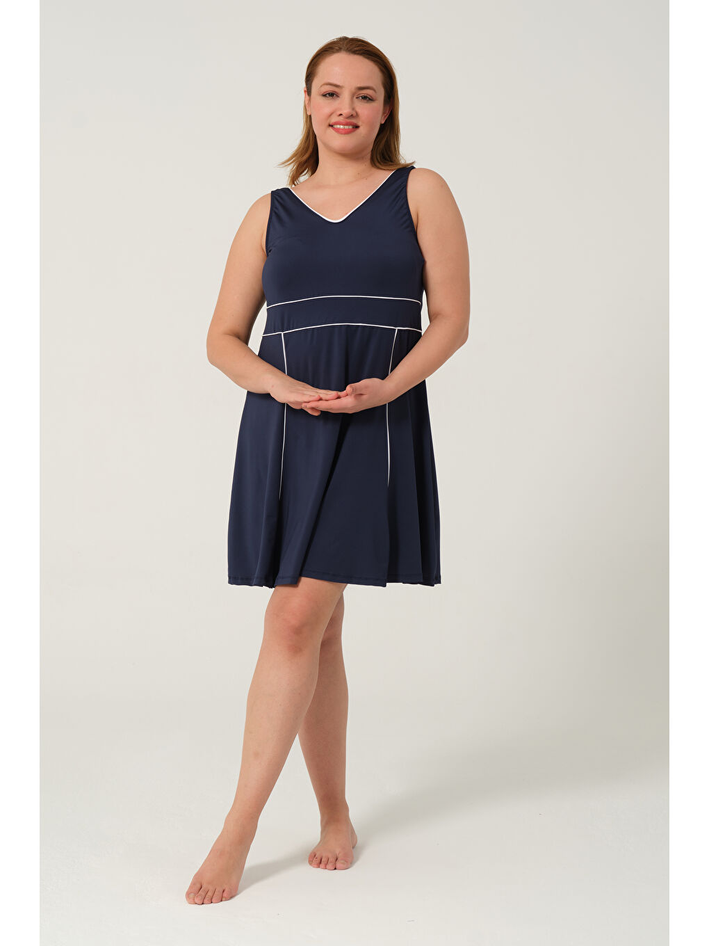 Lacivert Kadın Sıfır Kol Büyük Beden Şortlu Hızlı Kuruyan Biyeli Şortlu Elbise Mayo-10