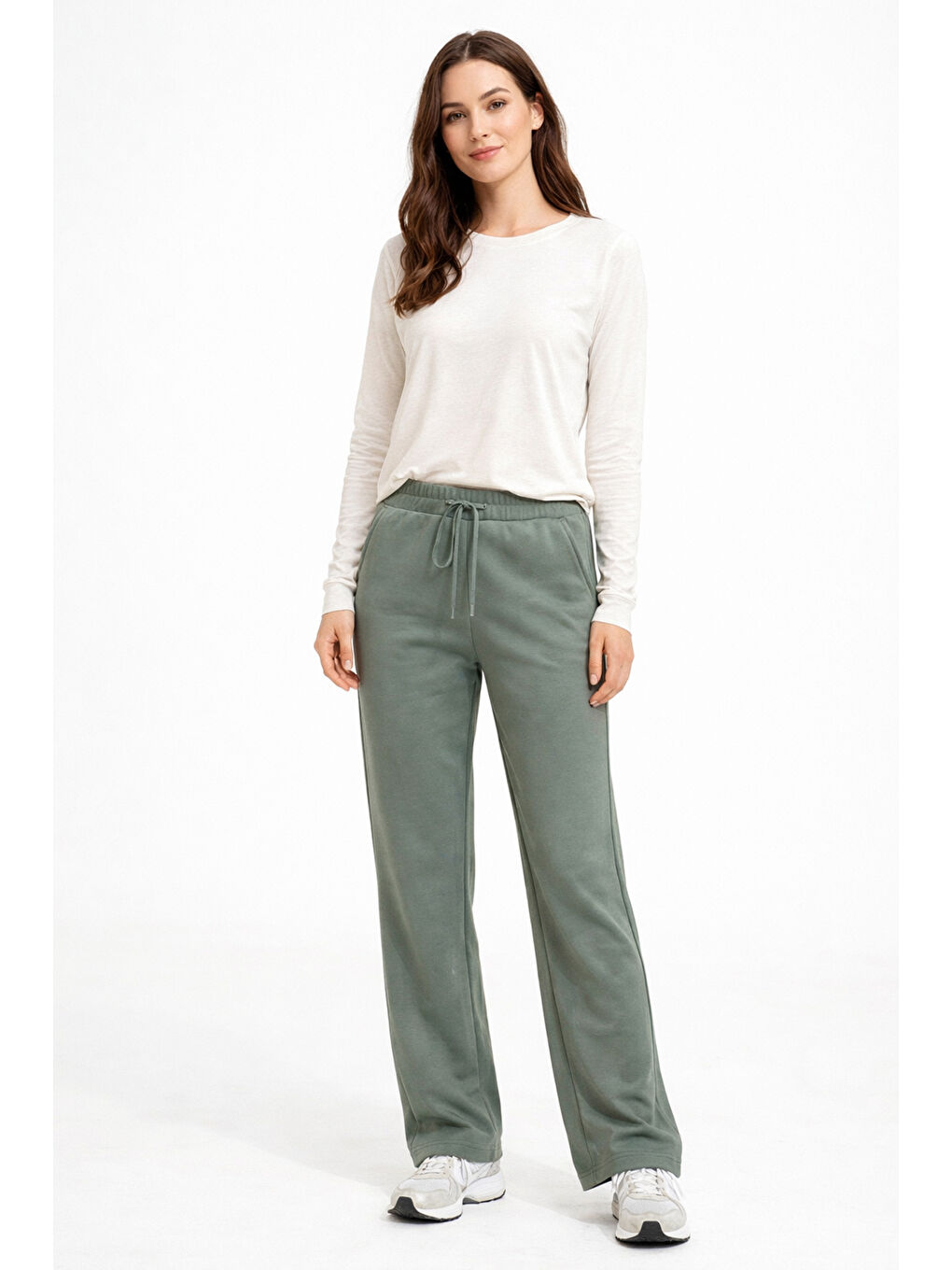 Beli Lastikli Pantolon Görünümlü Bol Paça Kadın Eşofman Altı 8015 Haki-1