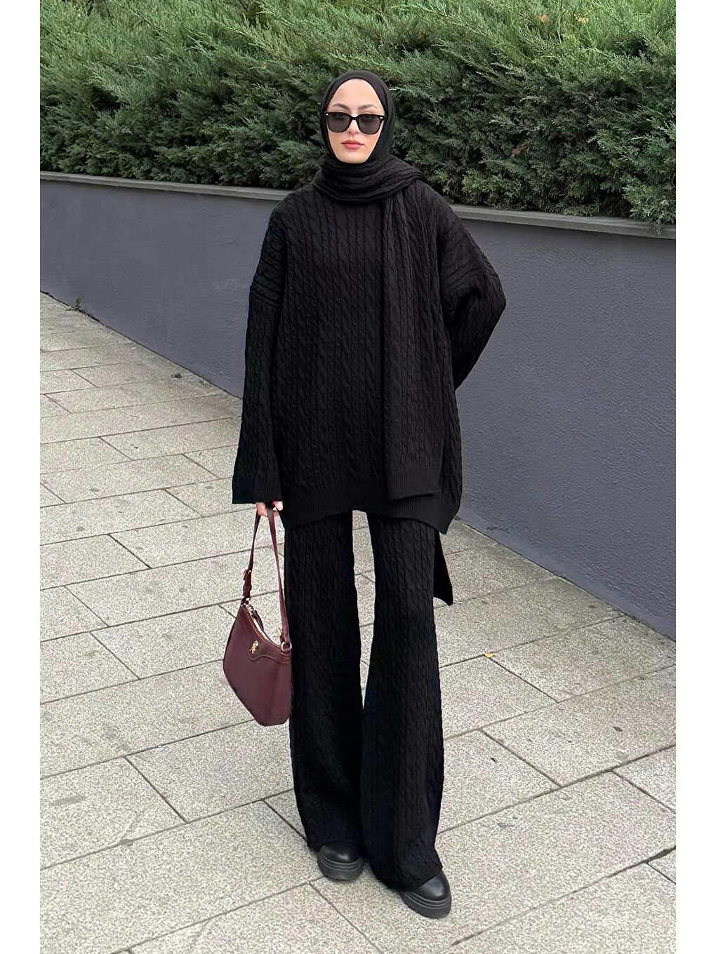 Atkılı Örgü Desen İkili Takım Siyah