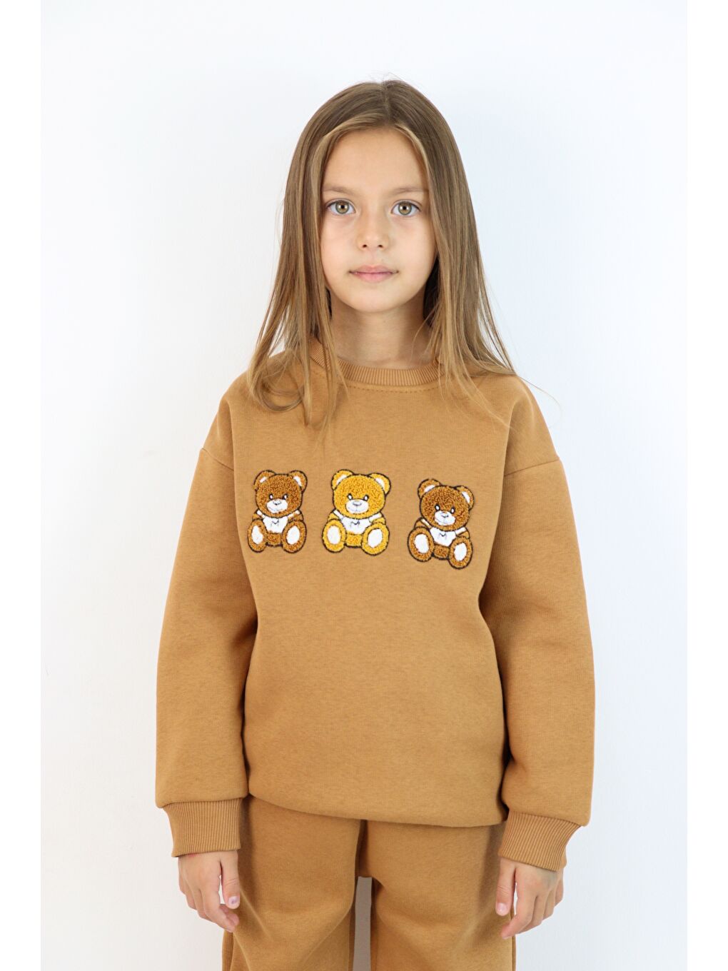 Kahverengi Kız Çocuk 3'lü Ayıcık Nakışlı 3 İplik Oversize Şardonlu Takım-7