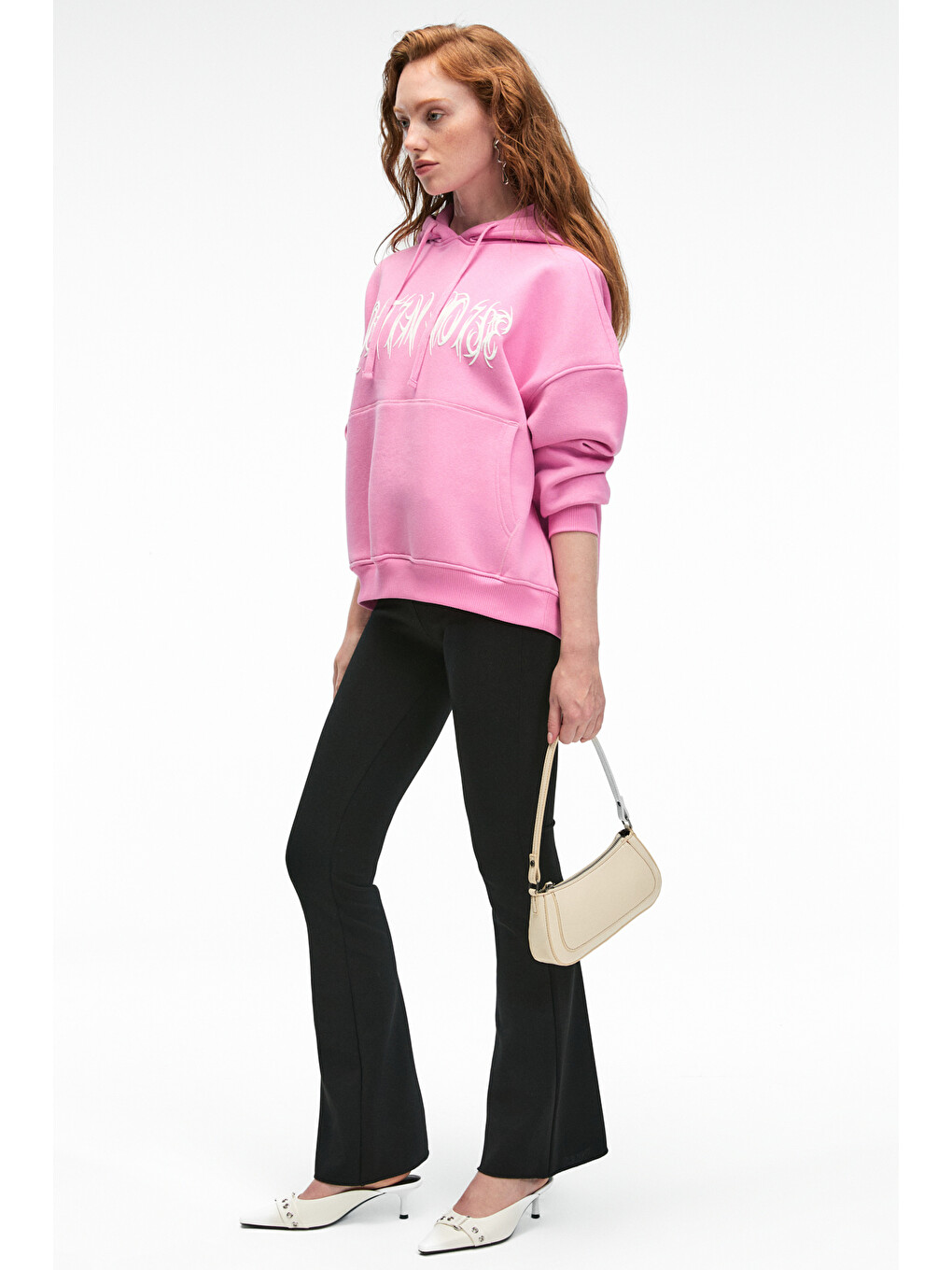 Alırayne Kadın Baskılı Oversize Kapüşonlu Kanguru Cep Pembe Sweatshirt-3