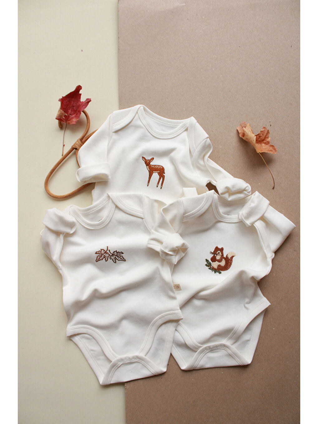 Ekru 3'lü Forest Serisi Uzun Kollu Çıt Çıtlı Body Zıbın Model 10-5