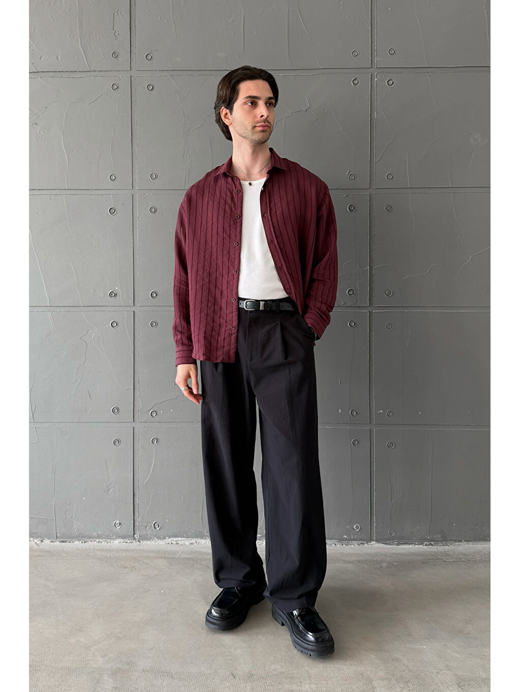 Bordo Erkek Oversize Çizgili Modal Gömlek-1