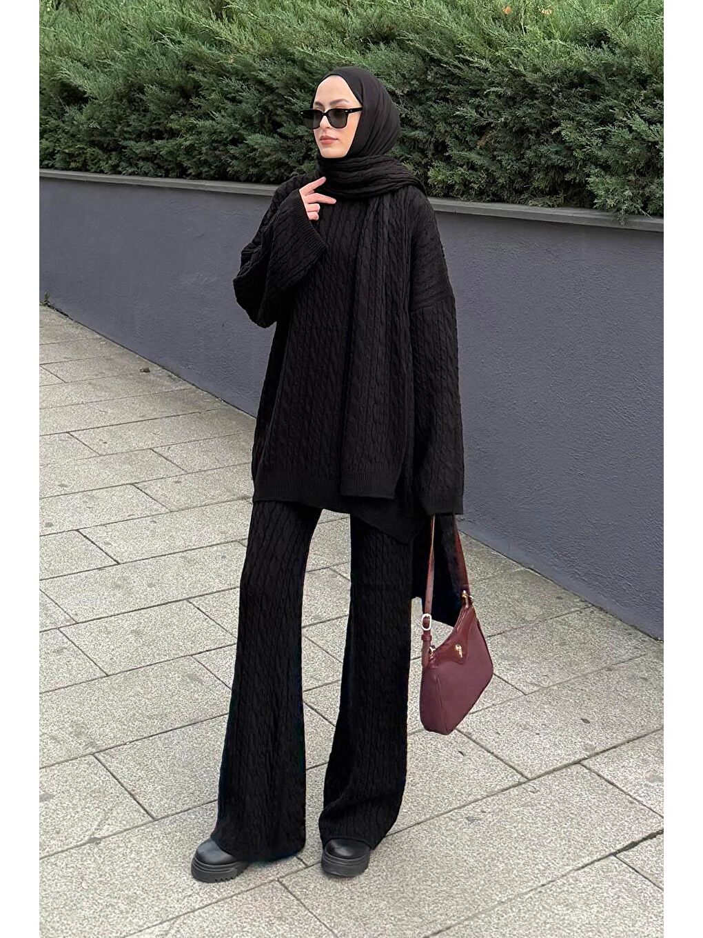 Atkılı Örgü Desen İkili Takım Siyah-1