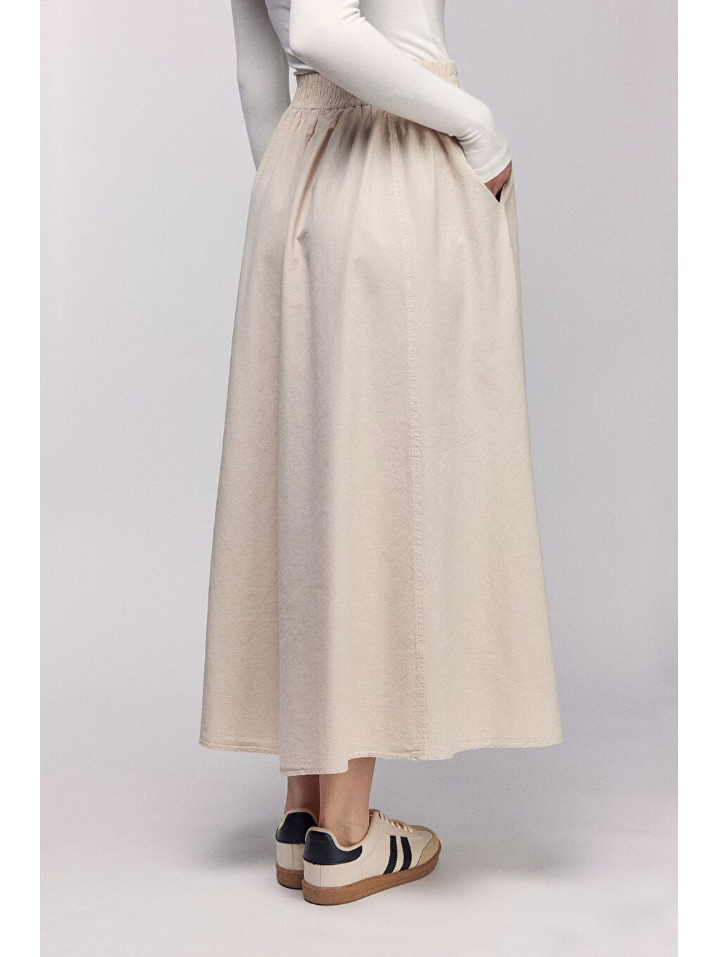 Bej Kadın A Kesim Yüksek Bel Cepli Dökümlü Kloş Etek - Dokulu Keten-3