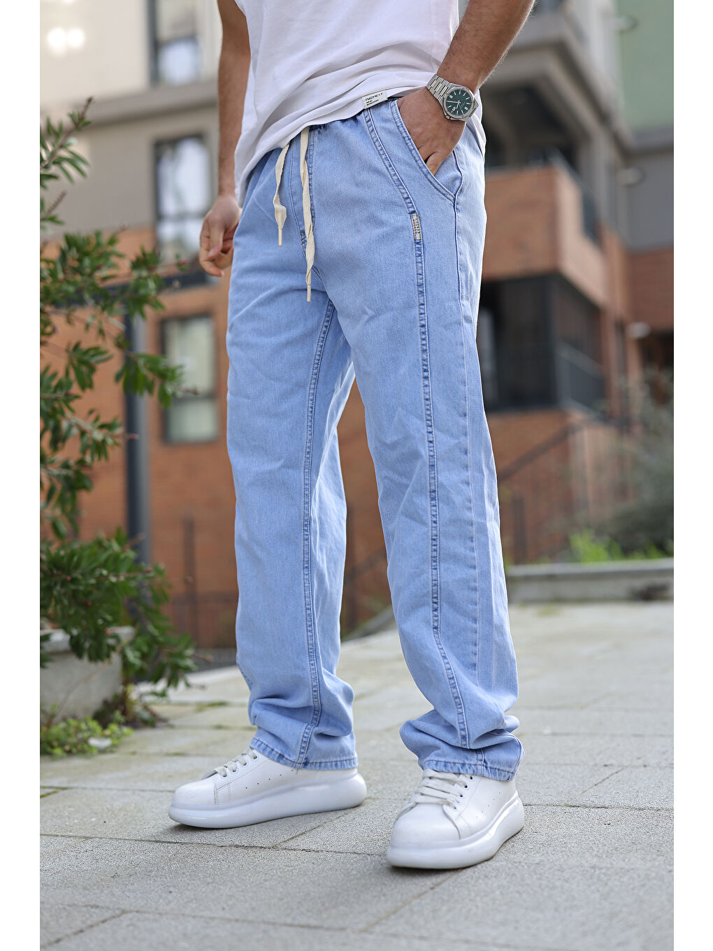 Mavi Erkek Baggy Rahat Kalıp Bel Lastikli Pantolon-1