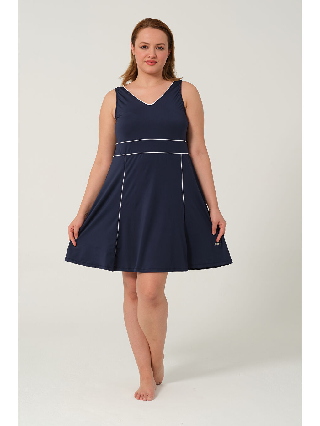 Lacivert Kadın Sıfır Kol Büyük Beden Şortlu Hızlı Kuruyan Biyeli Şortlu Elbise Mayo-11