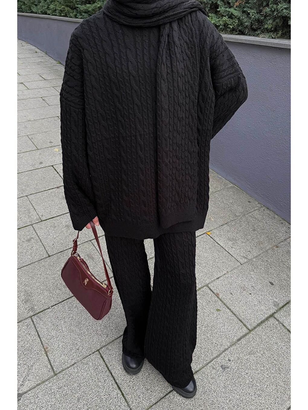 Atkılı Örgü Desen İkili Takım Siyah-2