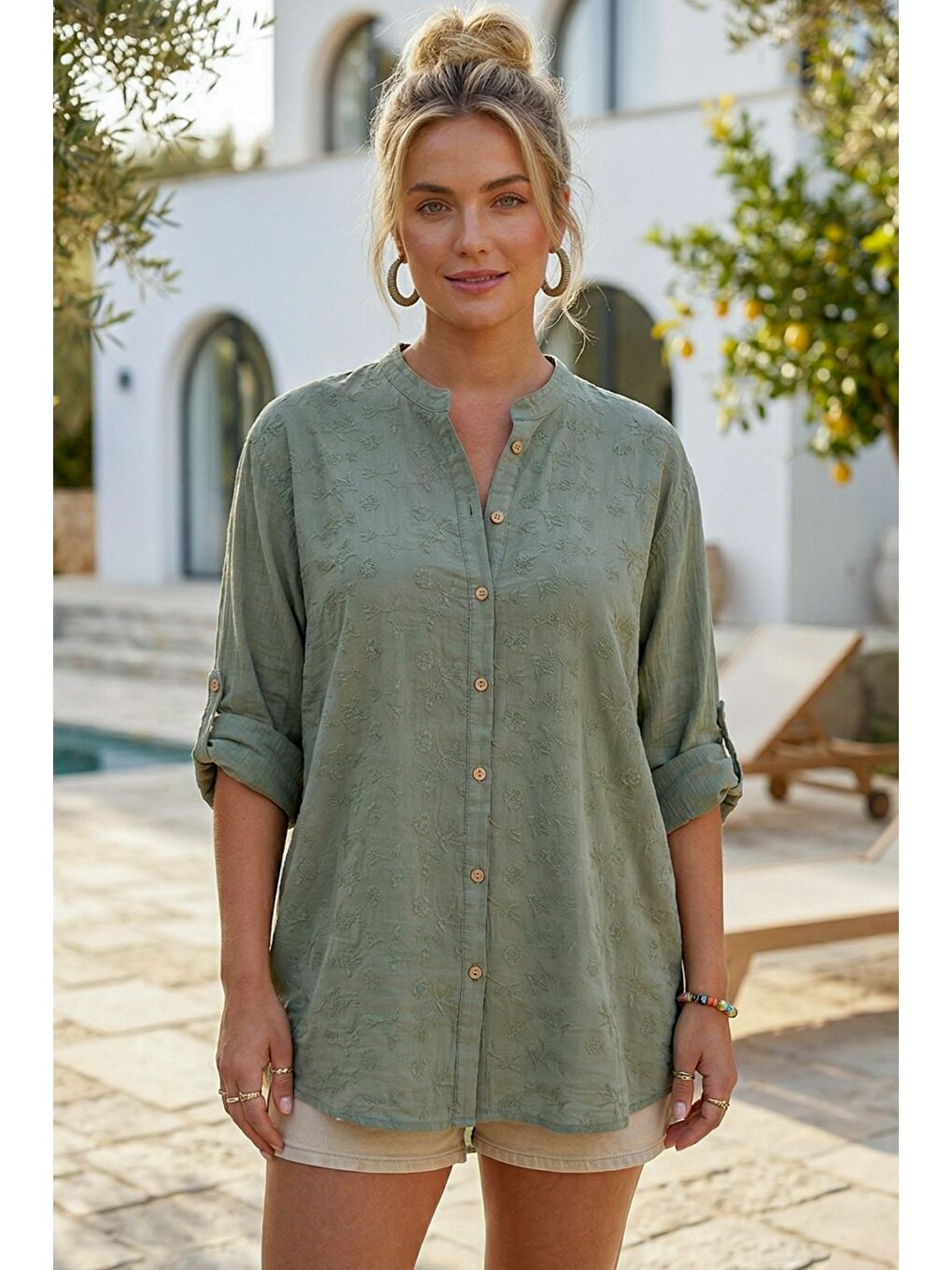 Haki Hakim Yaka Düğmeli Uzun Kollu Düğmeli Casual Müslin Dokuma Gömlek 75 63-3