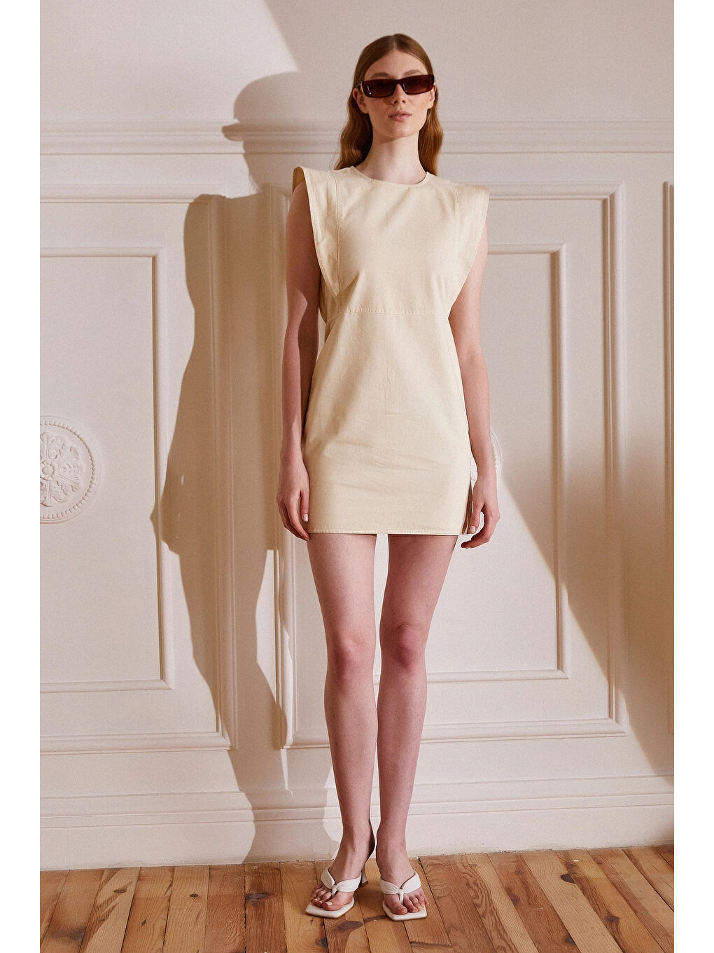 Sıfır Kol Gabardin Elbise Ekru-1