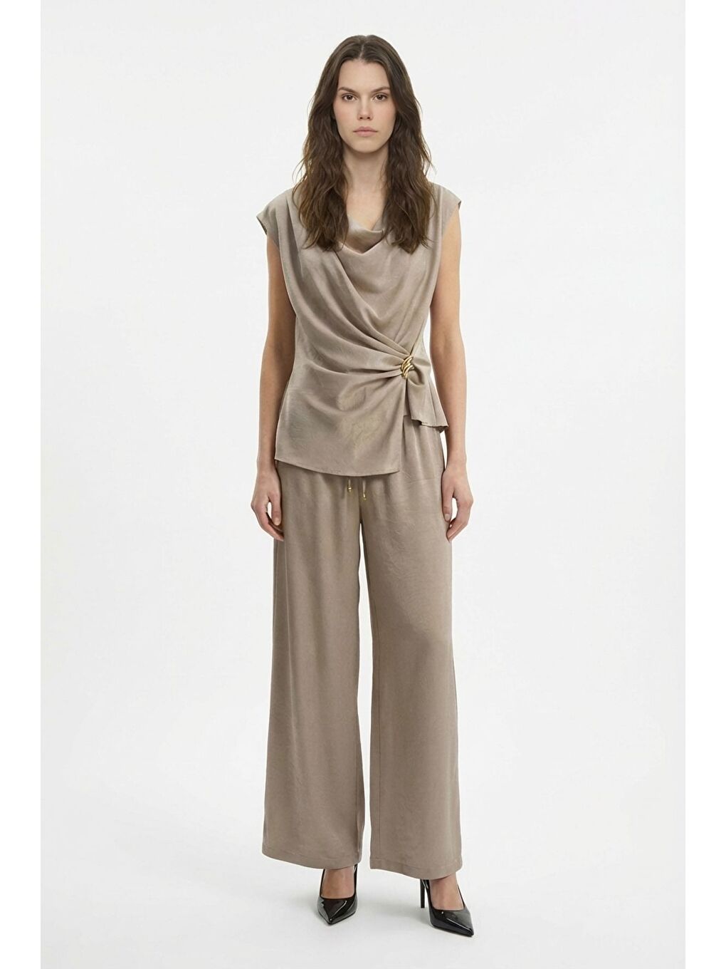 Bej Beli Bağcıklıi Bol Paça Saten Pantolon Vizon