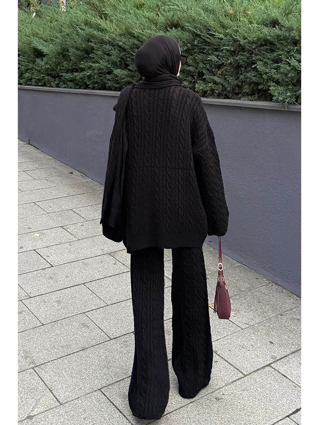 Atkılı Örgü Desen İkili Takım Siyah-3