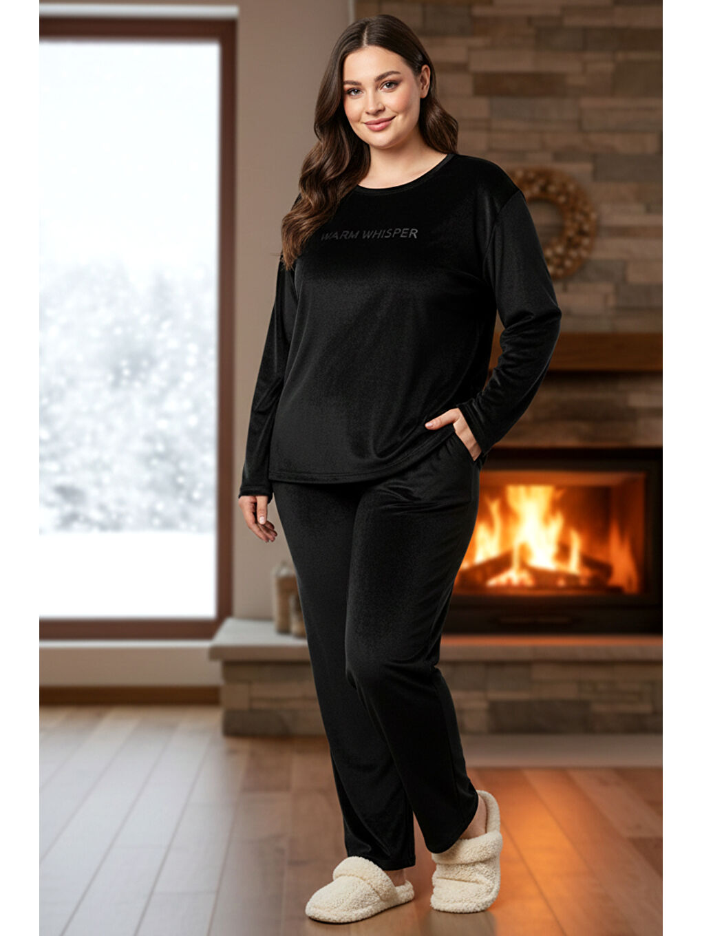 Büyük Beden Kadın Kadife Kumaş Pijama Takımı 13213-3018 Siyah-2