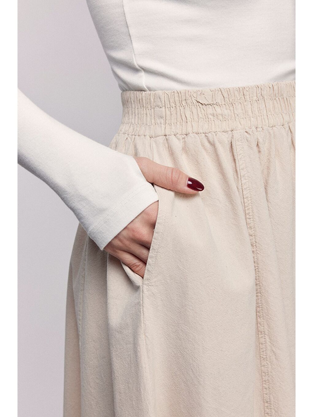 Bej Kadın A Kesim Yüksek Bel Cepli Dökümlü Kloş Etek - Dokulu Keten-4