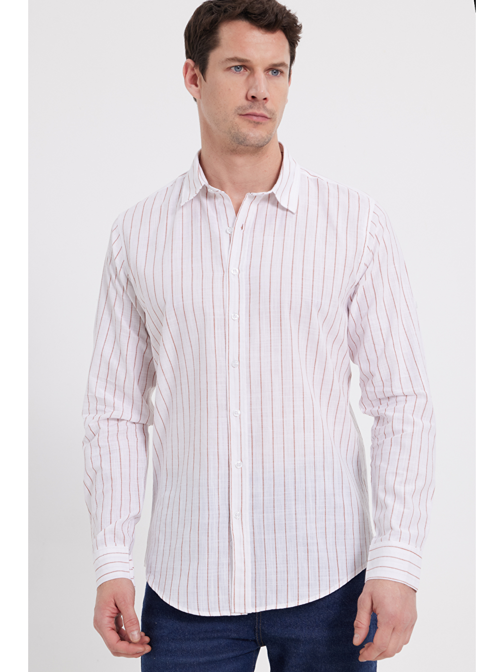 Karışık Erkek Slim Fit Dar Kesim Uzun Kollu %100 Pamuk Keten Doku Çizgili Gömlek
