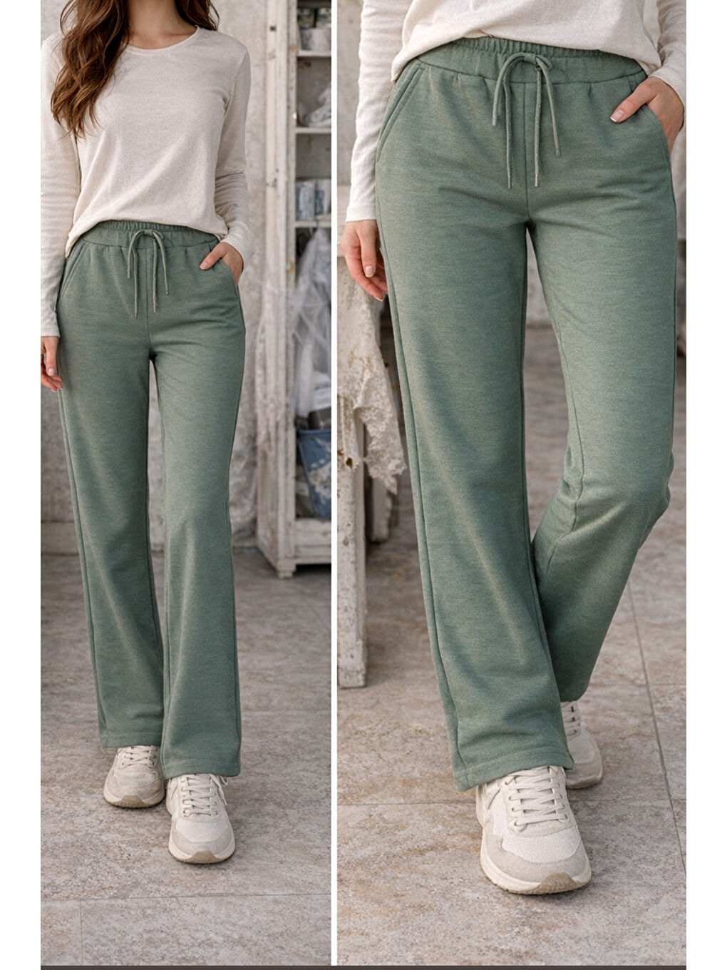 Beli Lastikli Pantolon Görünümlü Bol Paça Kadın Eşofman Altı 8015 Haki-2