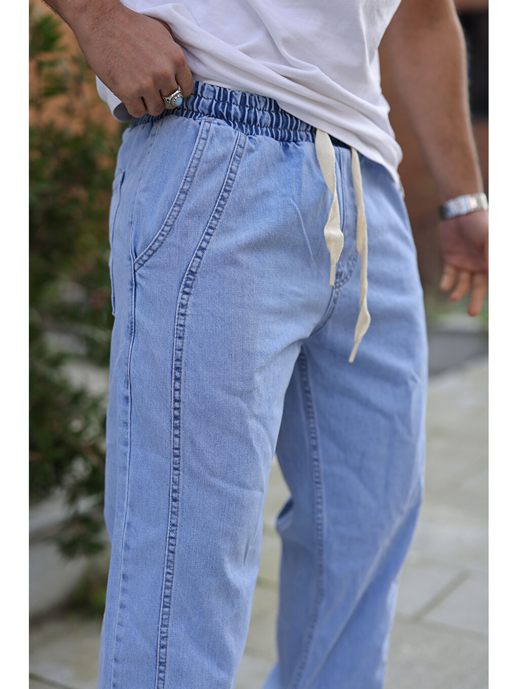 Mavi Erkek Baggy Rahat Kalıp Bel Lastikli Pantolon-2