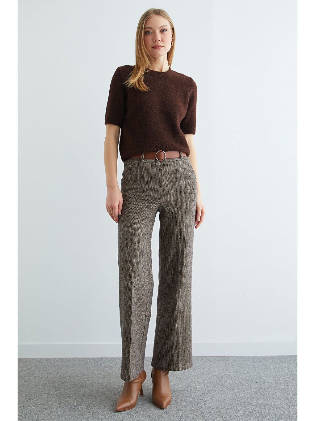 Kahverengi Kemerli Balıksırtı Palazzo Pantolon