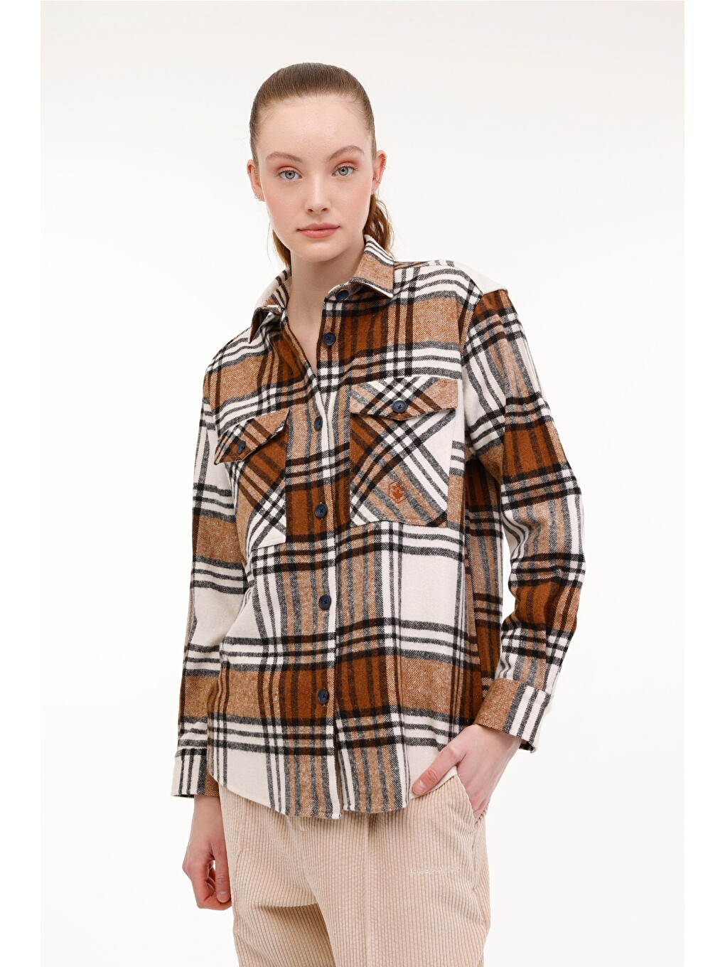Pembe Tartan Flanel Shırt Pastel Turuncu Kadın Gömlek-1