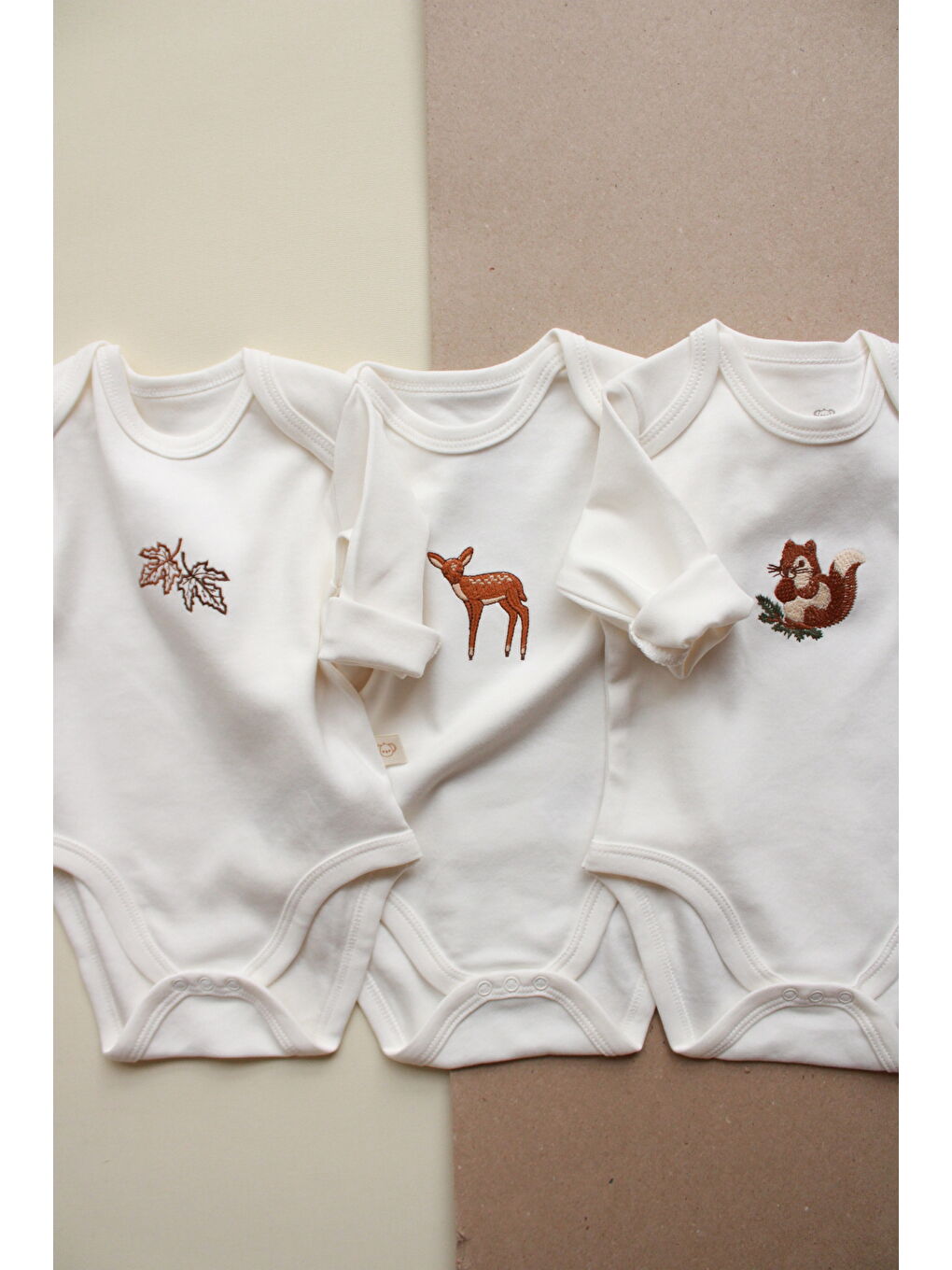 Ekru 3'lü Forest Serisi Uzun Kollu Çıt Çıtlı Body Zıbın Model 10-6