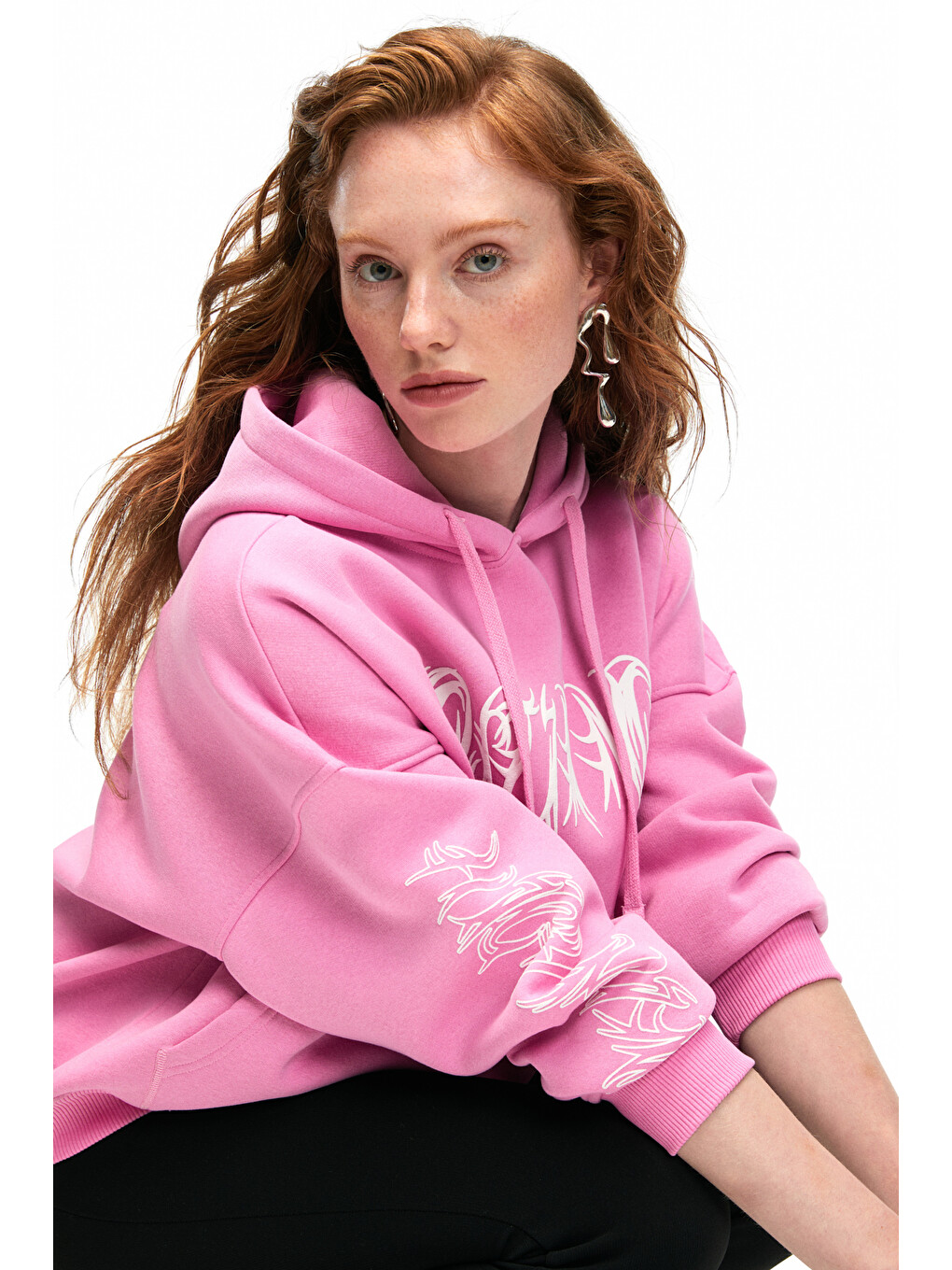 Alırayne Kadın Baskılı Oversize Kapüşonlu Kanguru Cep Pembe Sweatshirt-4