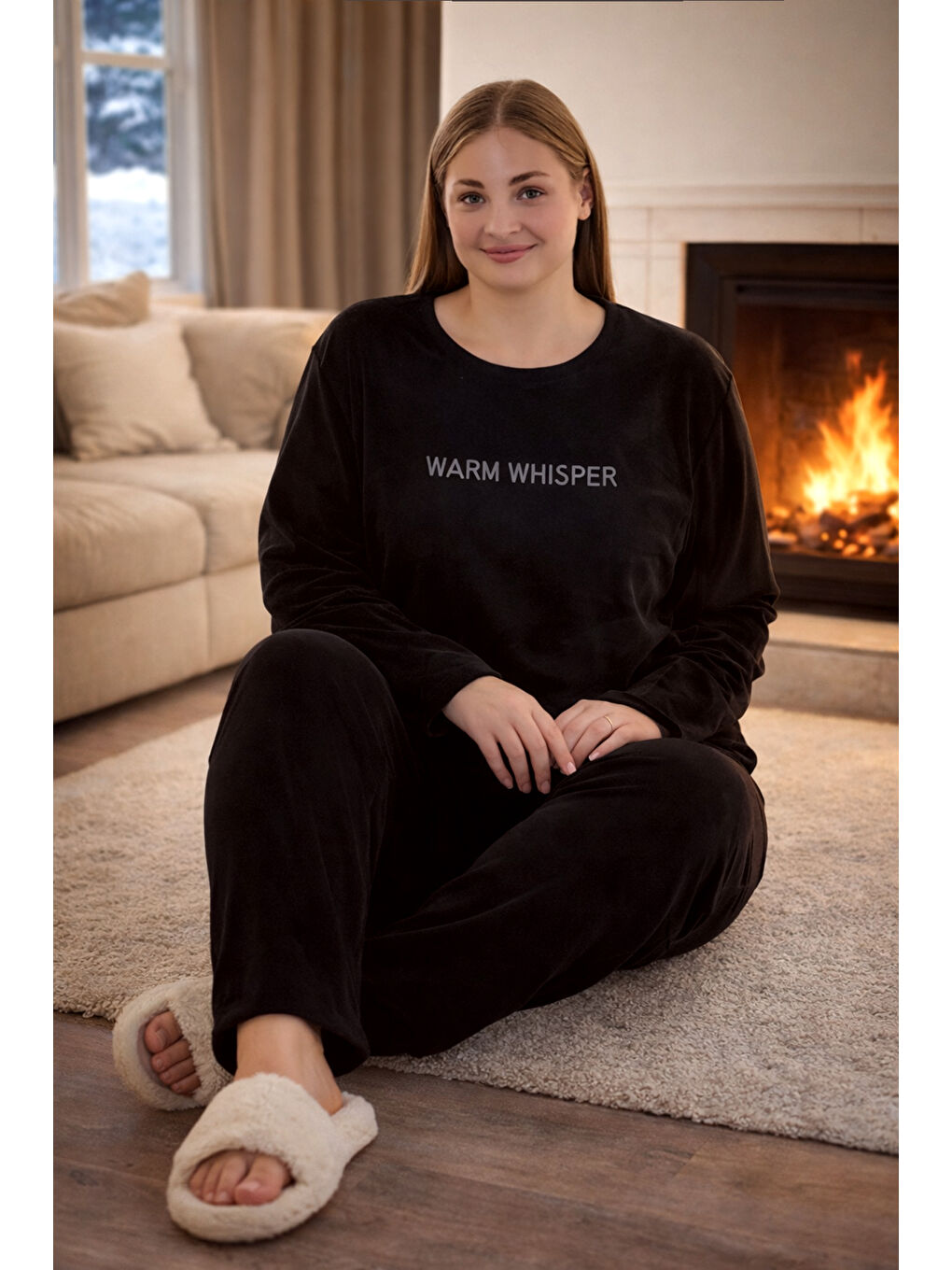 Büyük Beden Kadın Kadife Kumaş Pijama Takımı 13213-3018 Siyah-3