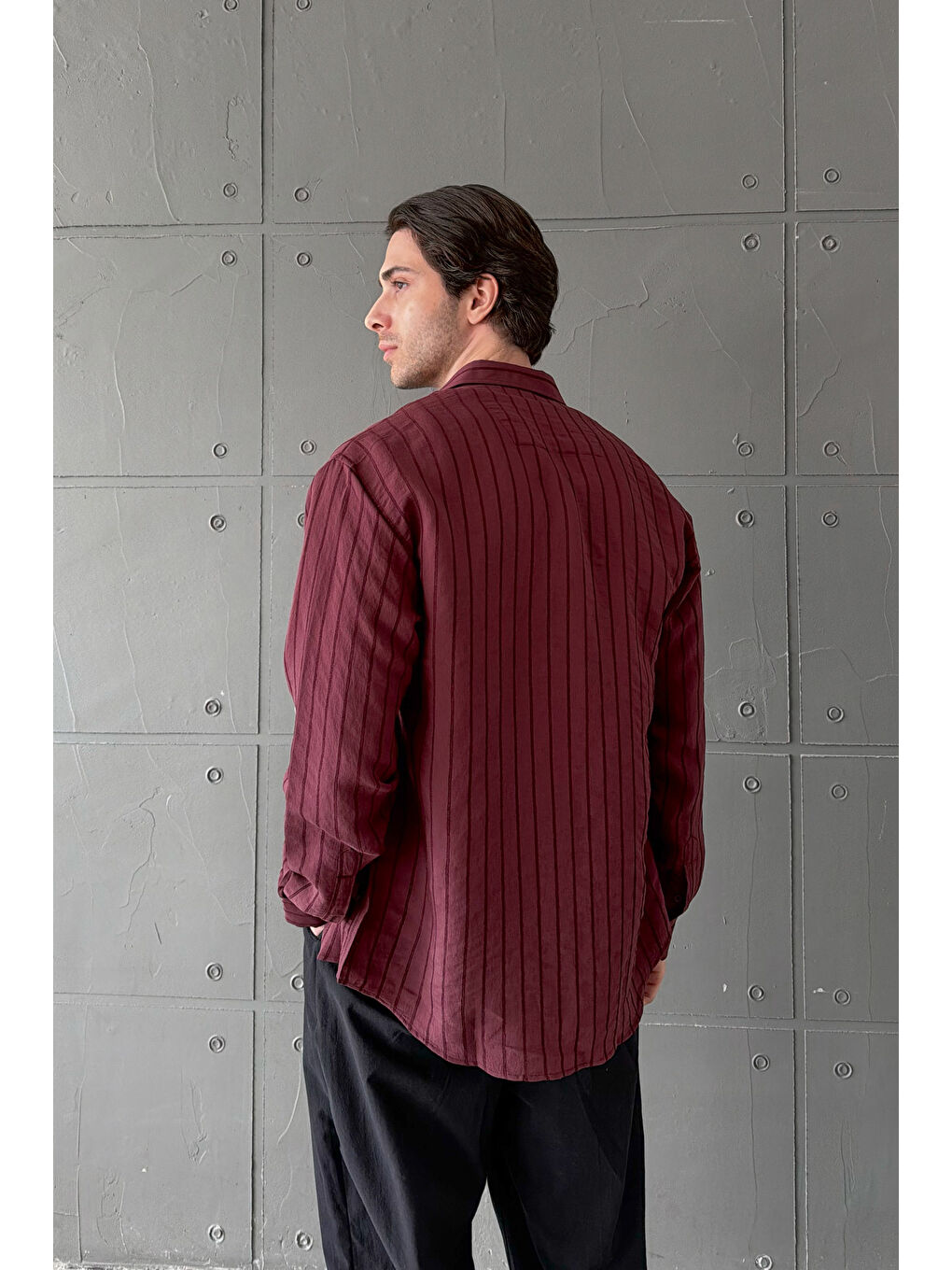 Bordo Erkek Oversize Çizgili Modal Gömlek-2