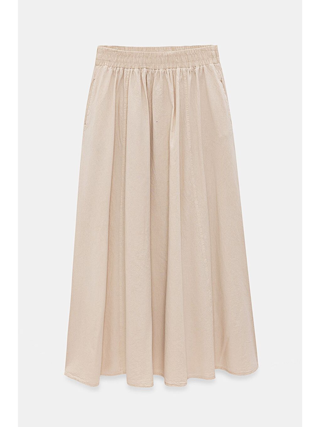 Bej Kadın A Kesim Yüksek Bel Cepli Dökümlü Kloş Etek - Dokulu Keten-5